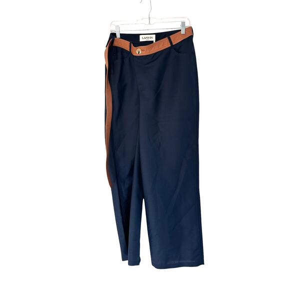Lanvin Paris Navy Belted Mohair Wool Work Office Wide Leg Trouser Pants Size 10 - Picture 1 of 10